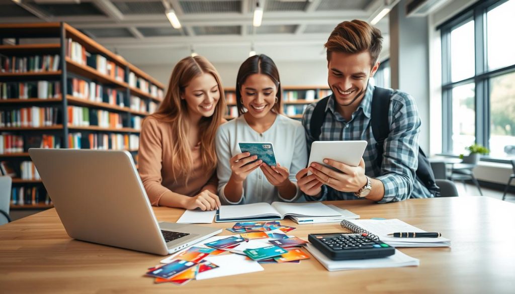 A lively scene showcasing a comparison of student credit card offers. In the foreground, a diverse group of three students, dressed in professional casual attire, are gathered around a table with a laptop open, reviewing credit card options. The middle layer features colorful credit card designs scattered on the table alongside a calculator and a notepad filled with notes. The background includes a bright, modern university library with bookshelves, natural light streaming through large windows, creating an atmosphere of productivity and focus. The overall mood is optimistic and analytical, captured with a soft-focus lens effect to draw attention to the students and their task.