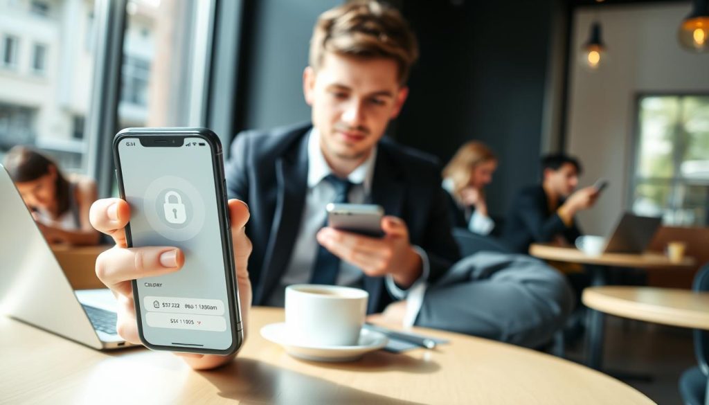 A modern, secure mobile payment scene featuring a professional young adult in business attire, focused on their smartphone, displaying a digital wallet interface. In the foreground, the smartphone's screen shows a lock symbol and transaction details, conveying a sense of security. The middle ground includes a stylish café table with a sleek laptop and a coffee cup, suggesting a productive work atmosphere. The background features soft, blurred silhouettes of other patrons engaged in their mobile banking activities, creating a dynamic environment. Natural daylight filters through a large window, casting soft shadows. The mood is confident and secure, highlighting the importance of safe financial transactions in mobile banking. The composition has a balanced angle, emphasizing both the technology and the human interaction involved in mobile payments.