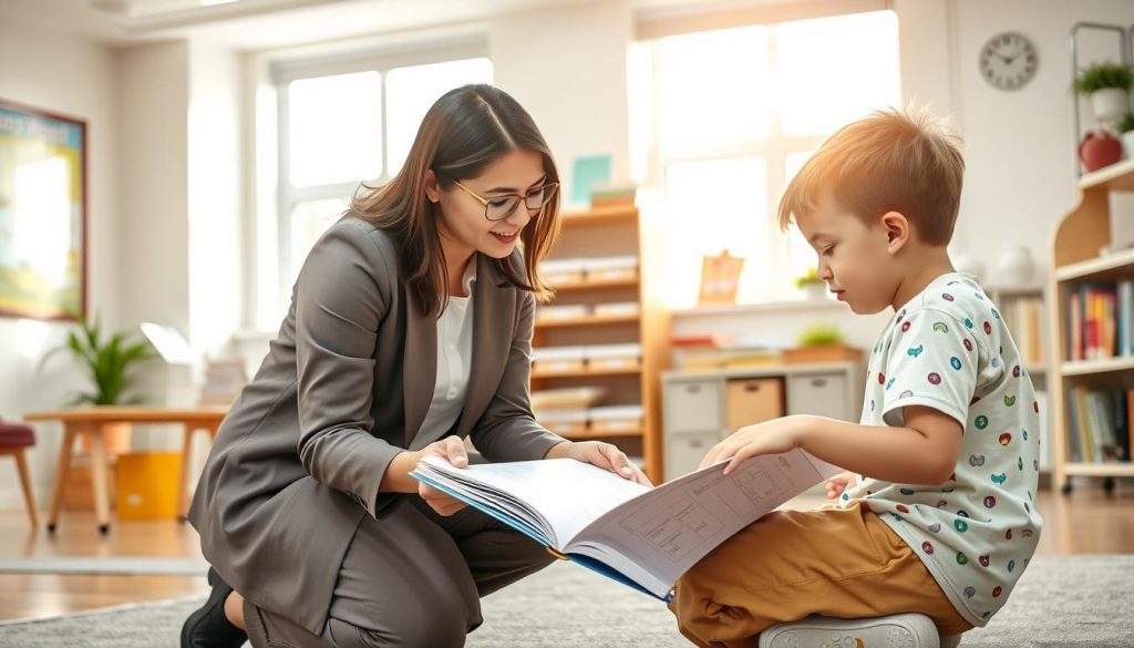 A serene and inviting educational setting where a professional educator is providing assistance to a young student with learning disabilities. In the foreground, the educator, dressed in modest professional attire, is kneeling beside the student, who is focused on a colorful workbook filled with engaging exercises. In the middle ground, a bright, well-organized classroom filled with educational posters and resources can be seen, depicting a nurturing learning environment. Soft natural light pours in through large windows, casting a warm glow across the scene. In the background, shelves with books and learning materials add depth to the space. The overall atmosphere is supportive and empowering, highlighting the positive interaction between the educator and the learner. A serene and inviting educational setting where a professional educator is providing assistance to a young student with learning disabilities. In the foreground, the educator, dressed in modest professional attire, is kneeling beside the student, who is focused on a colorful workbook filled with engaging exercises. In the middle ground, a bright, well-organized classroom filled with educational posters and resources can be seen, depicting a nurturing learning environment. Soft natural light pours in through large windows, casting a warm glow across the scene. In the background, shelves with books and learning materials add depth to the space. The overall atmosphere is supportive and empowering, highlighting the positive interaction between the educator and the learner.