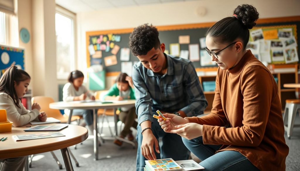 A warm and inviting classroom setting, featuring a diverse group of students engaged in various learning activities. In the foreground, a teacher, dressed in professional attire, is kneeling beside a student with a learning disability, providing one-on-one support with educational materials like colorful flashcards and tactile learning tools. In the middle ground, other students collaborate on a project at a round table, surrounded by resources such as books and writing aids, promoting a sense of teamwork. The background shows a bulletin board filled with encouraging messages and visual aids. Soft, natural light streams through large windows, creating a positive and uplifting atmosphere. The angle captures the dynamic interaction between the teacher and students, highlighting empowerment and support in the learning process. A warm and inviting classroom setting, featuring a diverse group of students engaged in various learning activities. In the foreground, a teacher, dressed in professional attire, is kneeling beside a student with a learning disability, providing one-on-one support with educational materials like colorful flashcards and tactile learning tools. In the middle ground, other students collaborate on a project at a round table, surrounded by resources such as books and writing aids, promoting a sense of teamwork. The background shows a bulletin board filled with encouraging messages and visual aids. Soft, natural light streams through large windows, creating a positive and uplifting atmosphere. The angle captures the dynamic interaction between the teacher and students, highlighting empowerment and support in the learning process.